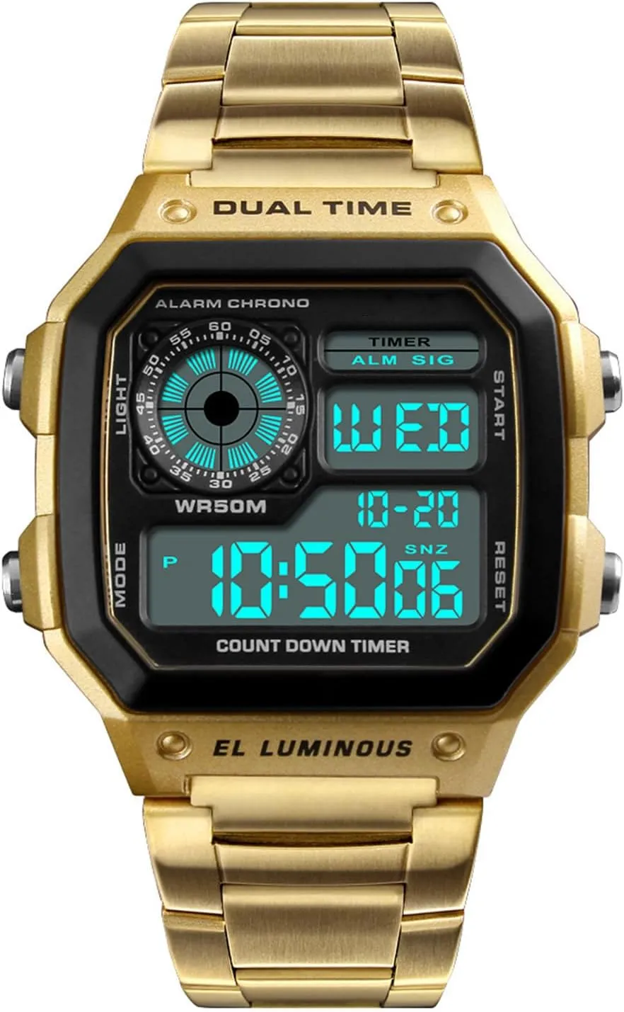 Watches for paleolithic Men Fashion Trend Gold Multi-Function Waterproof Watch LED Digital Chronograph Stainless Steel Square Watches Reginald 