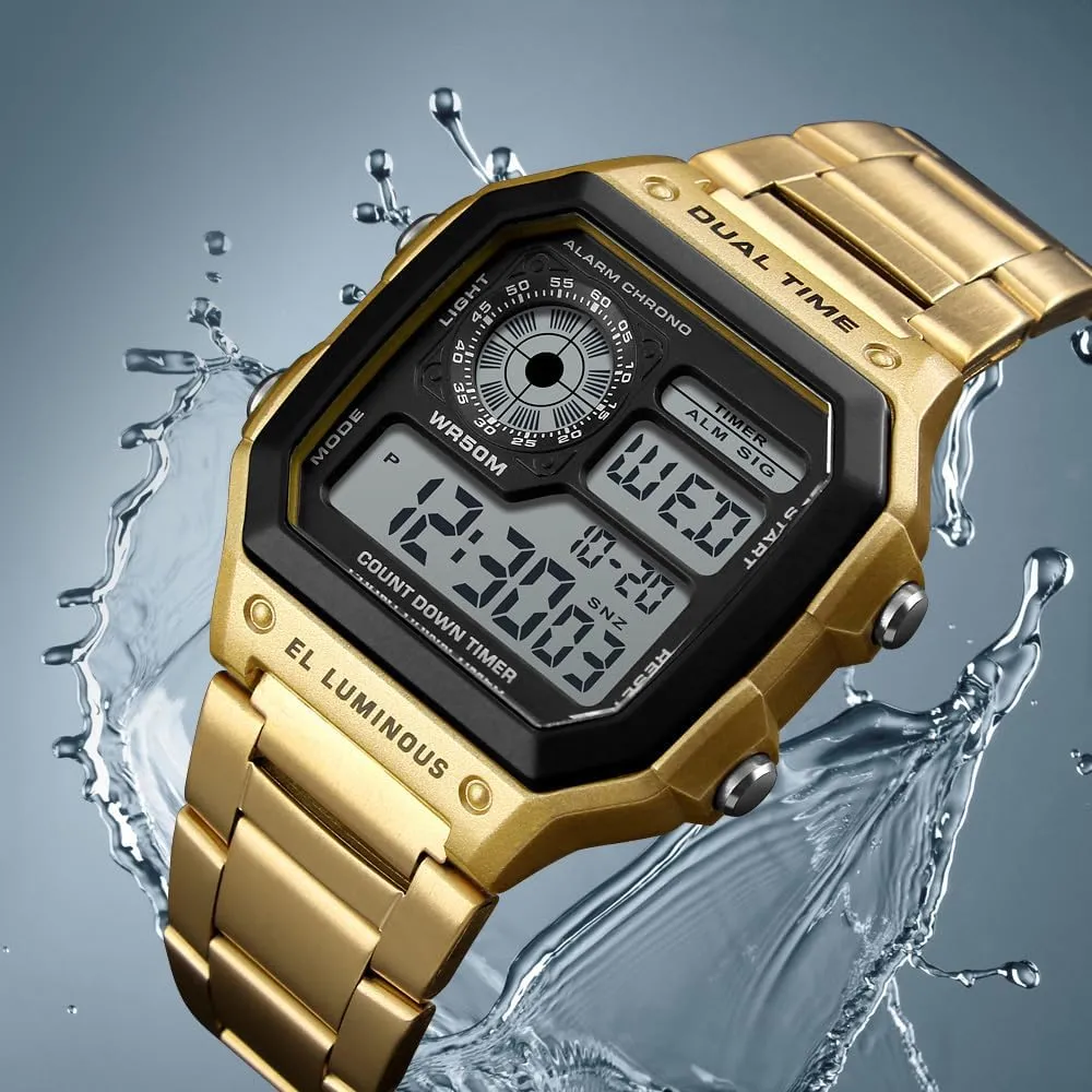 Watches for paleolithic Men Fashion Trend Gold Multi-Function Waterproof Watch LED Digital Chronograph Stainless Steel Square Watches Reginald 