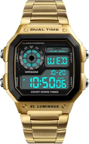 Watches for paleolithic Men Fashion Trend Gold Multi-Function Waterproof Watch LED Digital Chronograph Stainless Steel Square Watches Reginald 