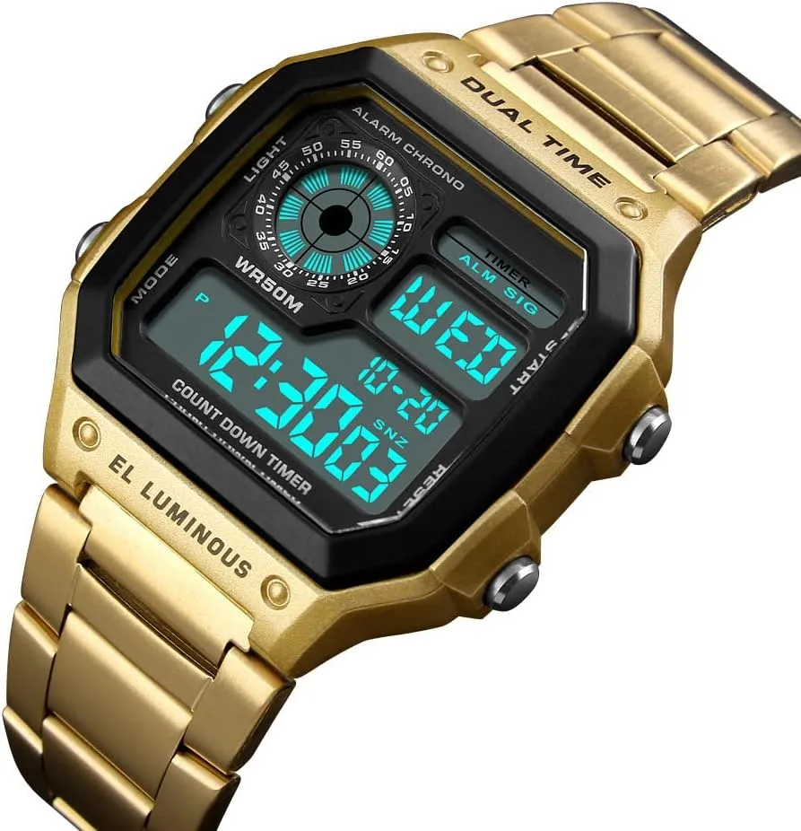 Watches for paleolithic Men Fashion Trend Gold Multi-Function Waterproof Watch LED Digital Chronograph Stainless Steel Square Watches Reginald 