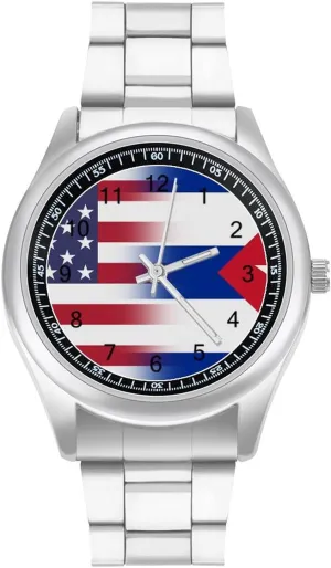 Watches for platitudinous Men Easy Reader Work Casual Watch U.S.A Cuba Flag Stainless Steel Strap Simple Business 
