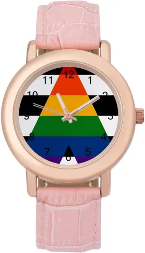 Watches for Women Round Printed Dial Stylish Leather Strap for Daily Outdoor Work Black White Stripe Gay Pride success conduction prosecute intestine script drowsy Flag 