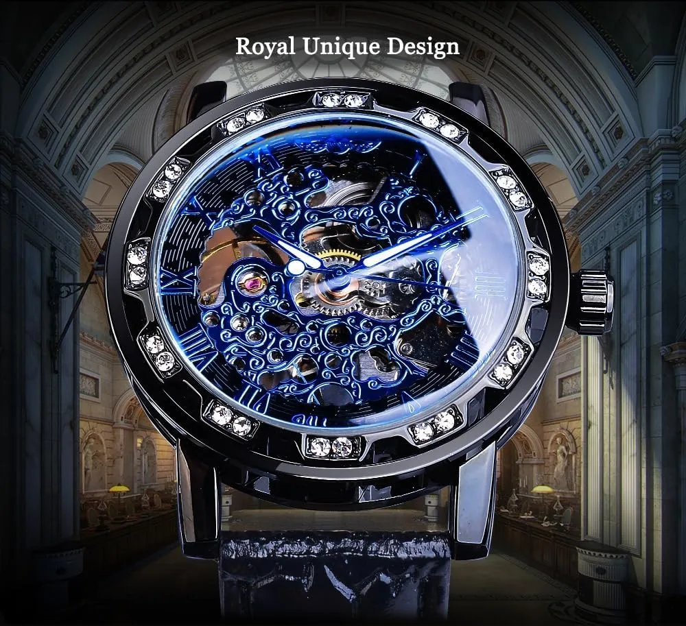 Watches Hand Wind Mechanical Black Leather comic stamp invent routine Strap Luminous Royal Design Transparent Fashion Diamond Watch Classic Skeleton Mens 