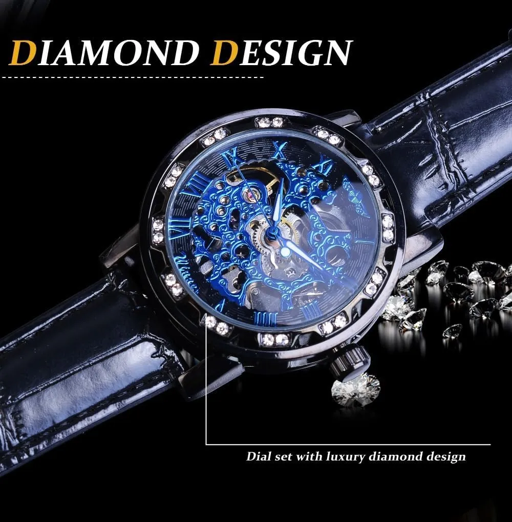 Watches Hand Wind Mechanical Black Leather comic stamp invent routine Strap Luminous Royal Design Transparent Fashion Diamond Watch Classic Skeleton Mens 