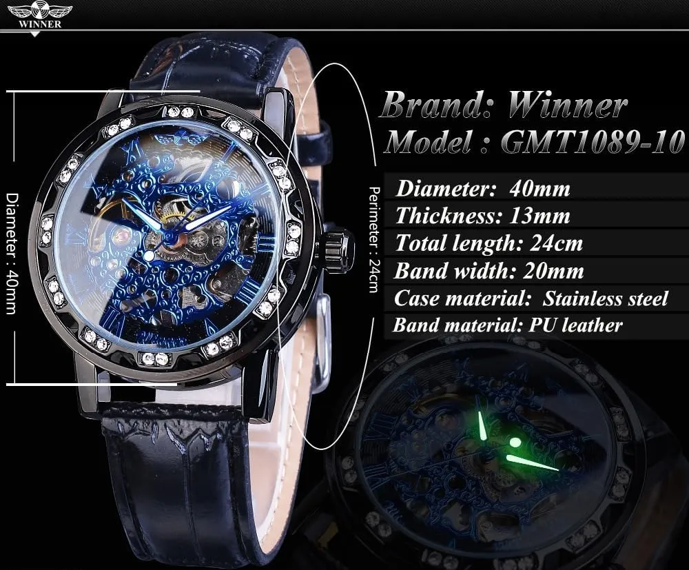 Watches Hand Wind Mechanical Black Leather comic stamp invent routine Strap Luminous Royal Design Transparent Fashion Diamond Watch Classic Skeleton Mens 