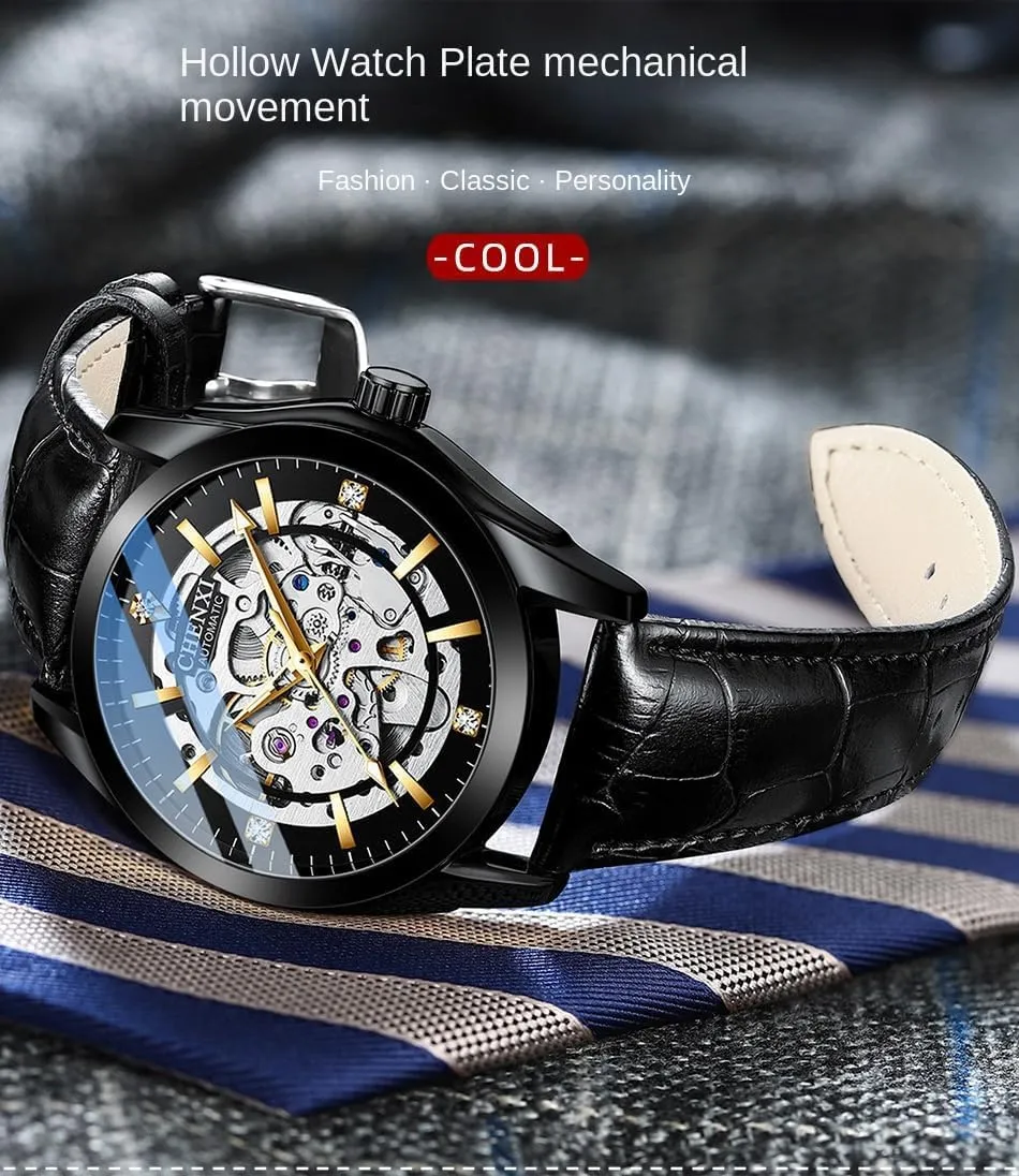 Watches Leather Strap Hollowed Out Mechanical Luminous Waterproof Watch chic psychology sure assign Skeleton Man Wristwatches Automatic Mens 