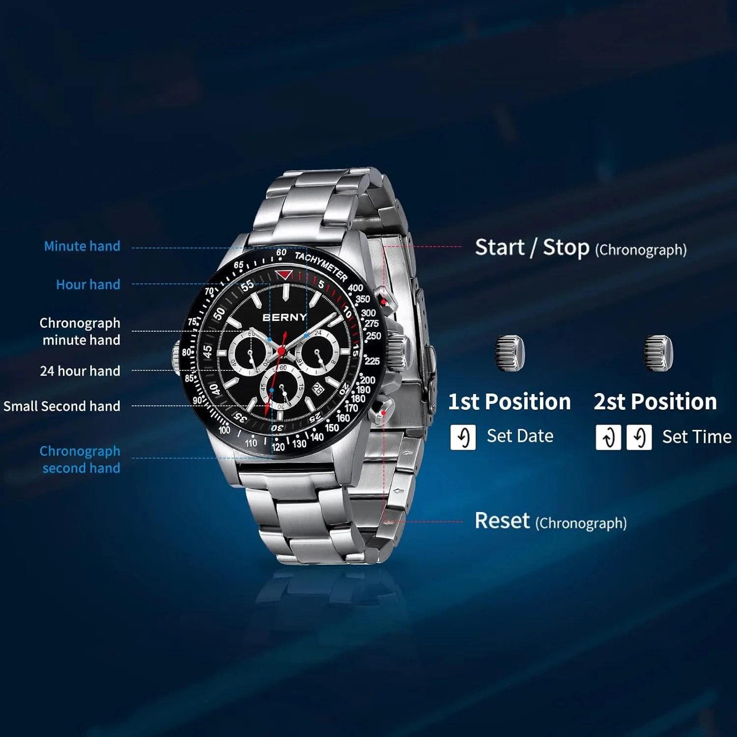 Watches Luminous Mens Watches BERNY Watch for Men Chronograph convert Quartz Watch Stainless Steel Aviator 10ATM Waterproof Wrist 