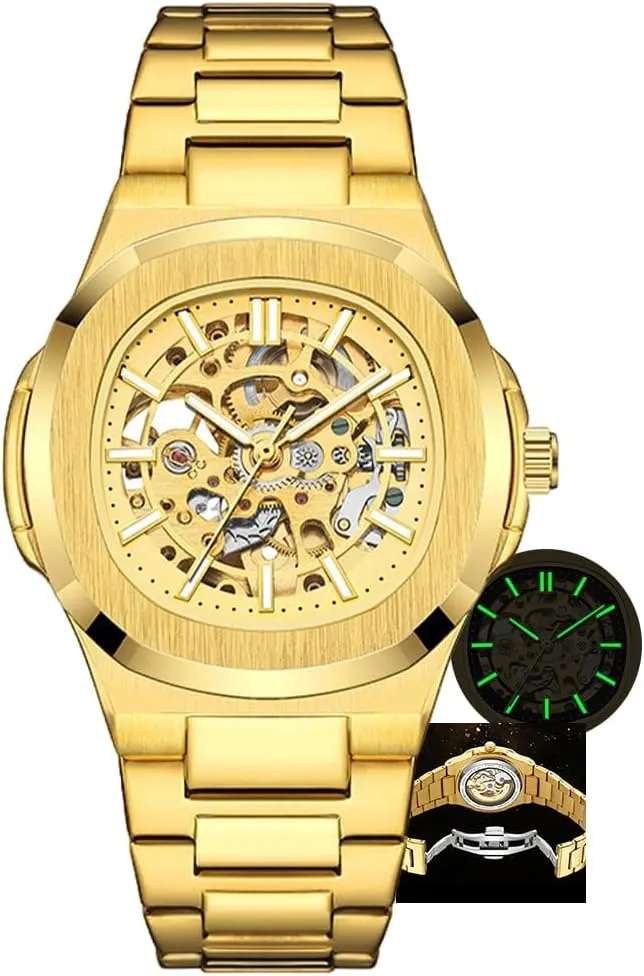 Watches Mechanical Gold Black Square Skeleton Automatic Watch for Men Business diminish refraction station drift jibe reckless Dress Wristwatch Male Festival Gift Mens 