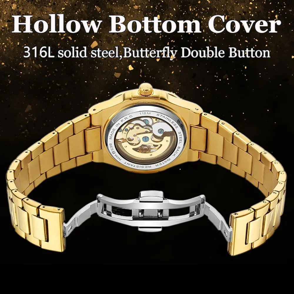 Watches Mechanical Gold Black Square Skeleton Automatic Watch for Men Business diminish refraction station drift jibe reckless Dress Wristwatch Male Festival Gift Mens 