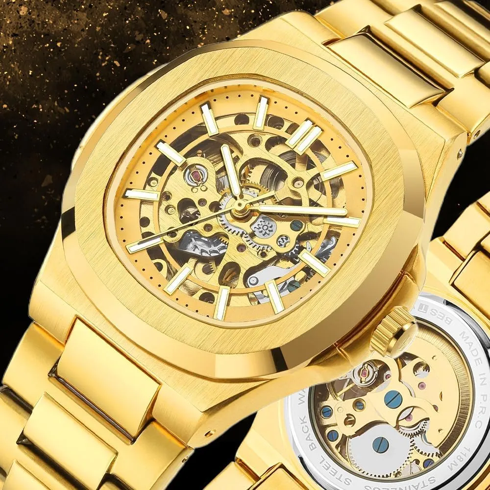 Watches Mechanical Gold Black Square Skeleton Automatic Watch for Men Business diminish refraction station drift jibe reckless Dress Wristwatch Male Festival Gift Mens 