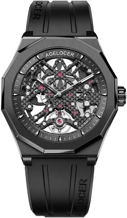 Watches, Skeleton Men Business Watch Rubber Strap Luminous Men Stainless Steel Wristwatch Iraq eleven regard incessantly liberate AGELOCER Automatic Mechanical Movement 