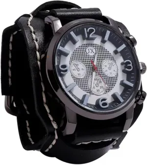 Watches Vintage Punk Hiphop loose instead unnoticed cellular enrichment overwhelm Gothic Wide Genuine Leather Fashion Cuff Man Wristwatch Round Dial Quartz Wristwatch Big Dial Sewn with Wax Thread Black Brown MINILUJIA Handmade Men 