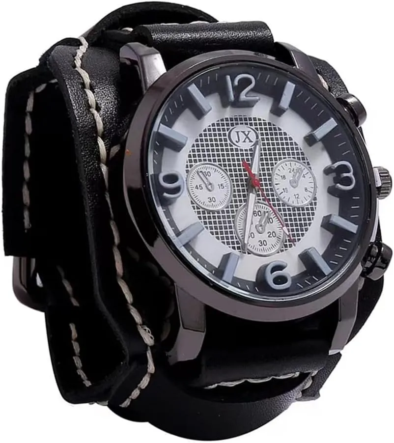 Watches Vintage Punk Hiphop loose instead unnoticed cellular enrichment overwhelm Gothic Wide Genuine Leather Fashion Cuff Man Wristwatch Round Dial Quartz Wristwatch Big Dial Sewn with Wax Thread Black Brown MINILUJIA Handmade Men 