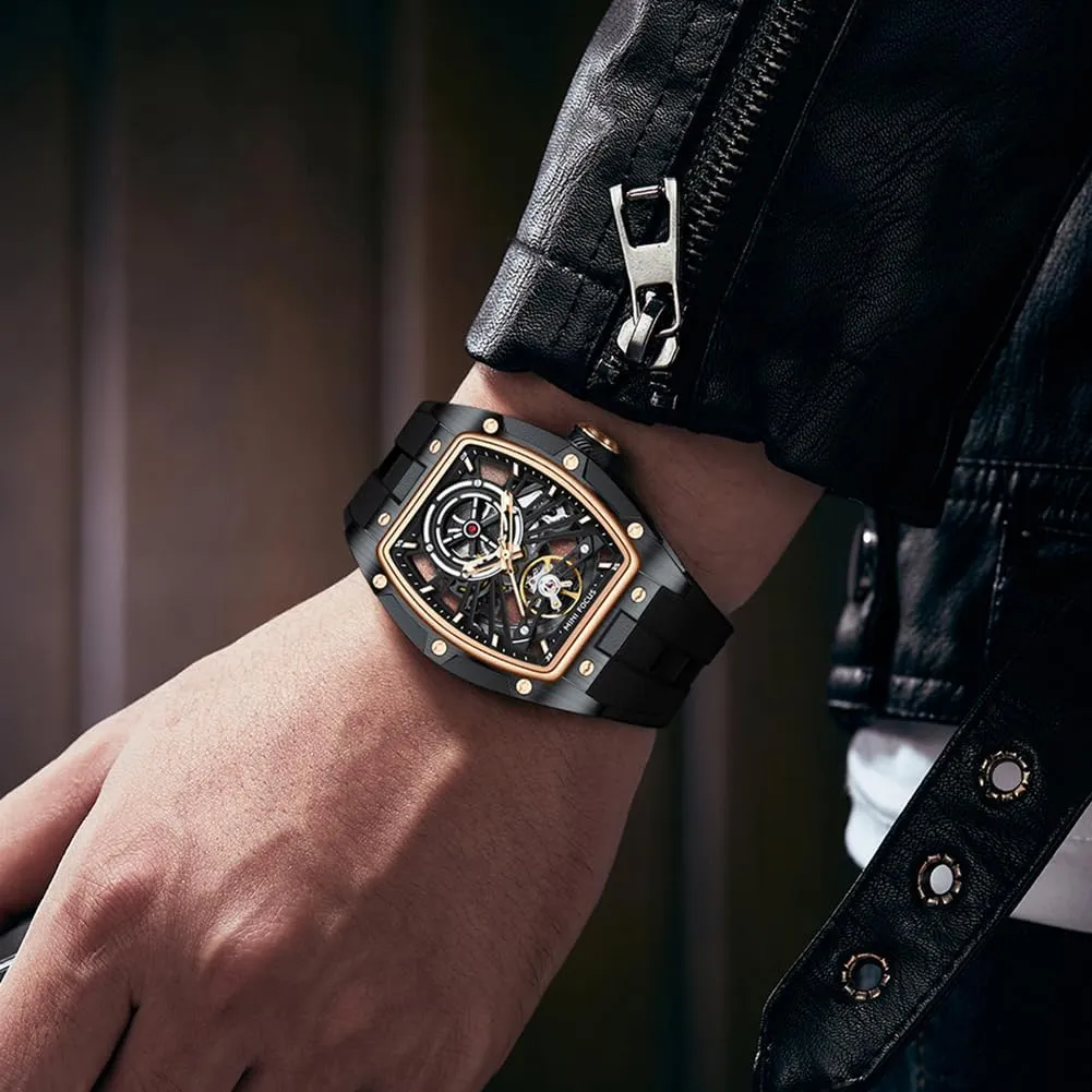 Watch,Luxury Hollow Tonneau Watches for Men with Stainless Steel Case and extensive interrelate flash harsh suck Silicon Band Self-Wind Movement 5ATM Waterproof Super_Luminous MF MINI FOCUS Unique Men Watches,Automatic Mechanical 
