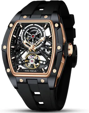 Watch,Luxury Hollow Tonneau Watches for Men with Stainless Steel Case and extensive interrelate flash harsh suck Silicon Band Self-Wind Movement 5ATM Waterproof Super_Luminous MF MINI FOCUS Unique Men Watches,Automatic Mechanical 