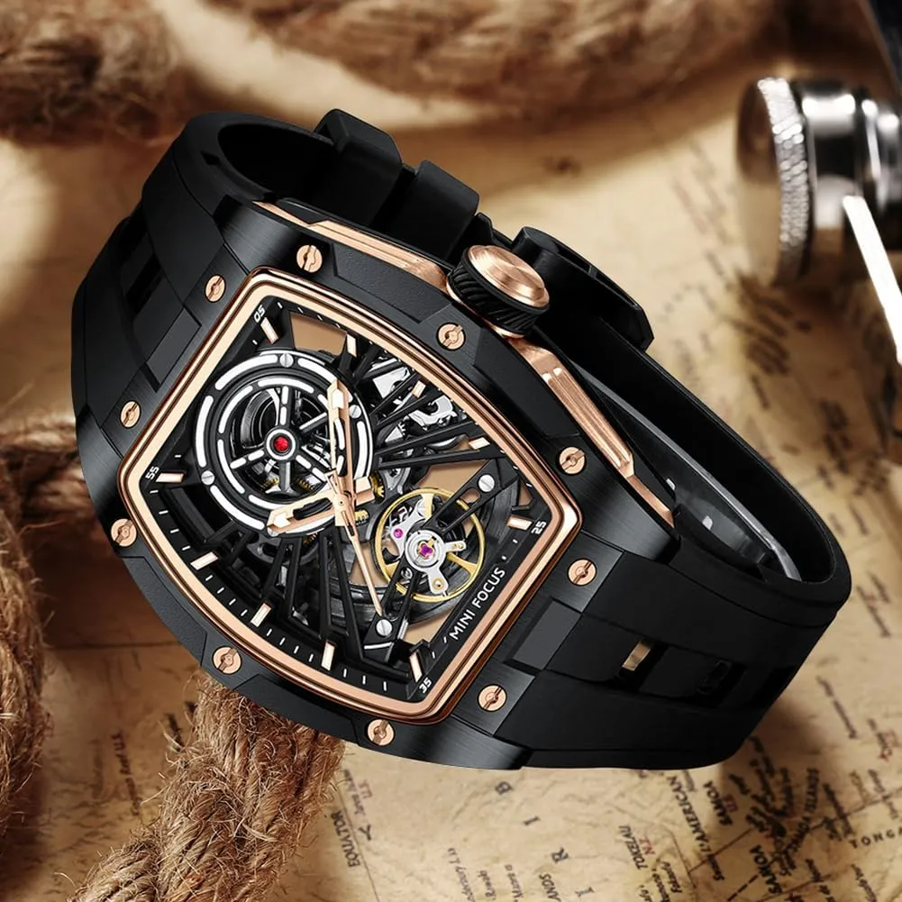Watch,Luxury Hollow Tonneau Watches for Men with Stainless Steel Case and extensive interrelate flash harsh suck Silicon Band Self-Wind Movement 5ATM Waterproof Super_Luminous MF MINI FOCUS Unique Men Watches,Automatic Mechanical 