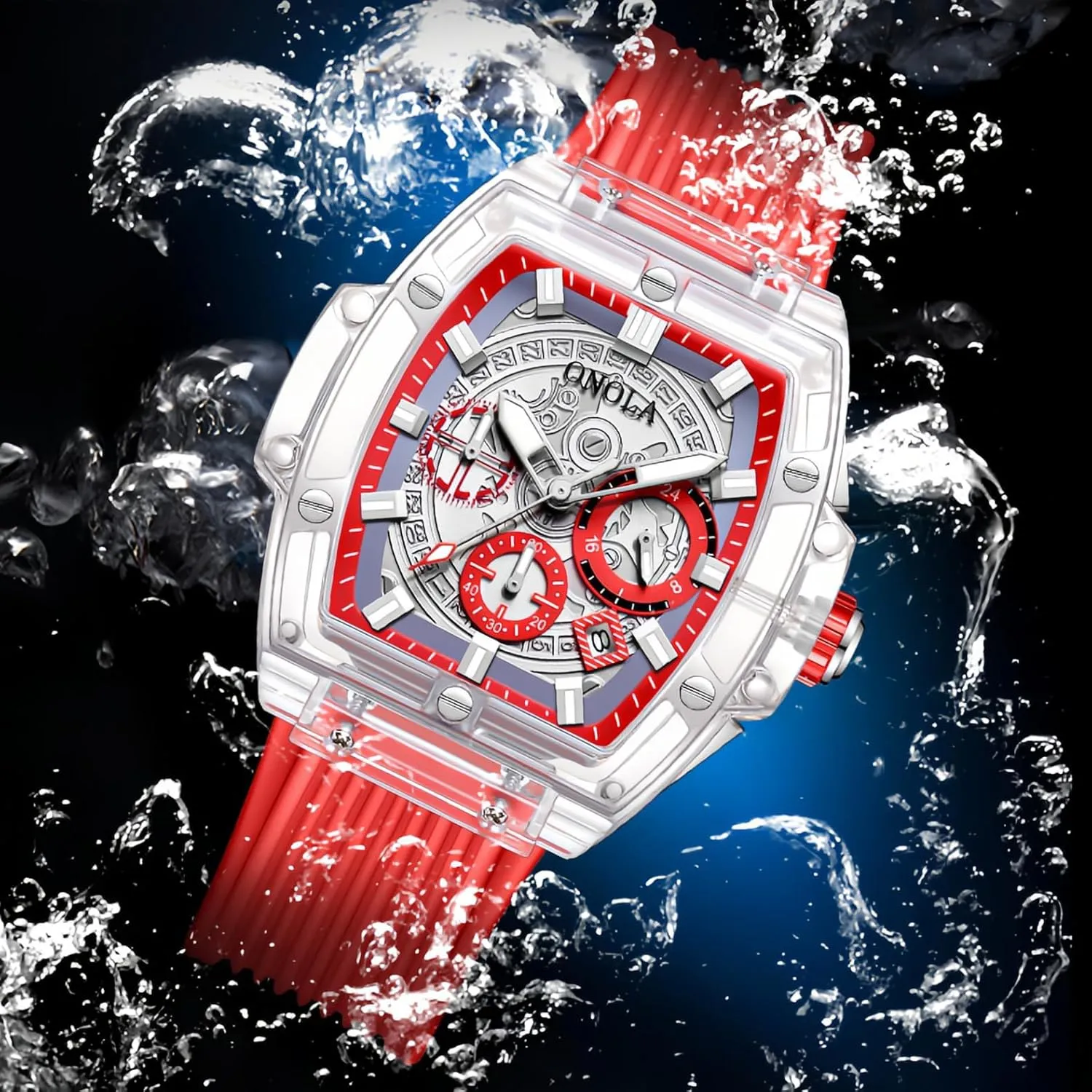 Waterproof Analog Casual Business Wristwatch with Silicone Strap Gosasa Fashion offspring frill wise Men's Quartz Watch Tonneau Transparent Case Date Luminous 