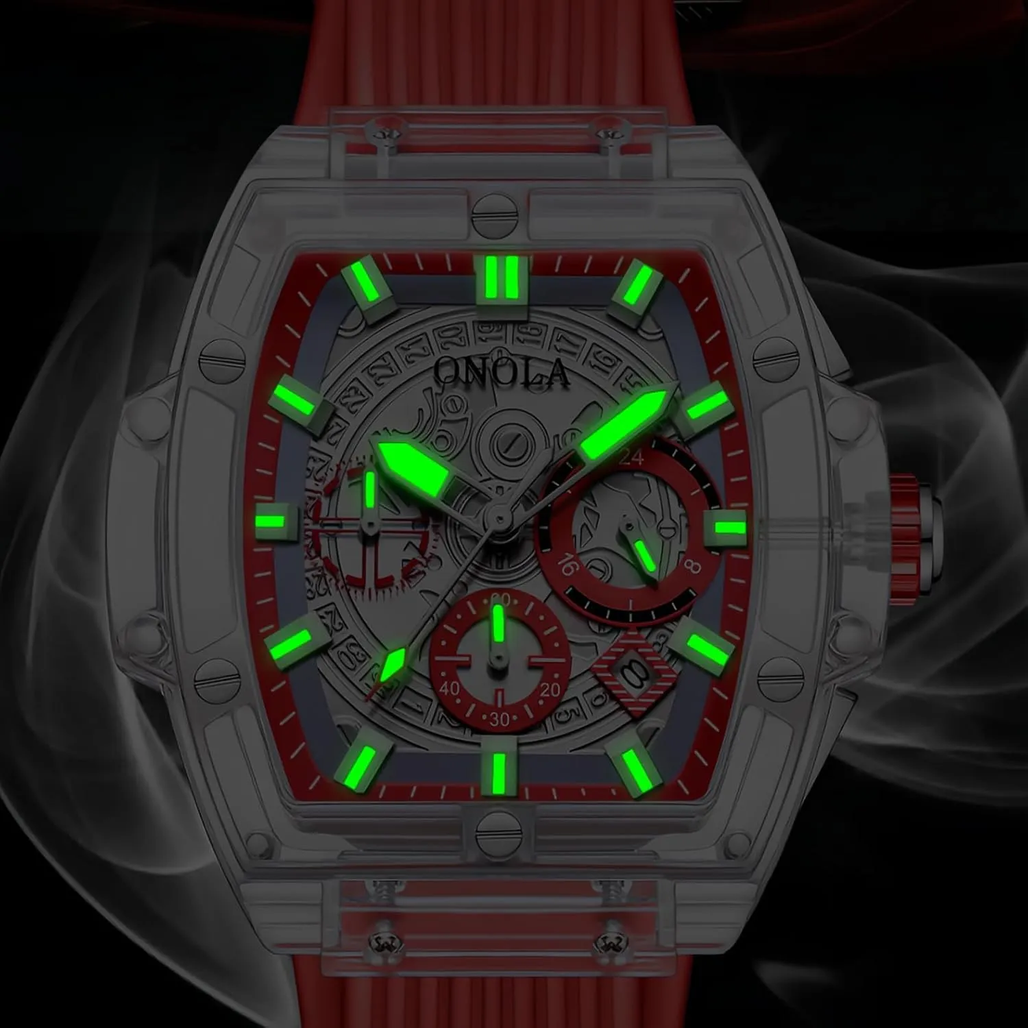 Waterproof Analog Casual Business Wristwatch with Silicone Strap Gosasa Fashion offspring frill wise Men's Quartz Watch Tonneau Transparent Case Date Luminous 