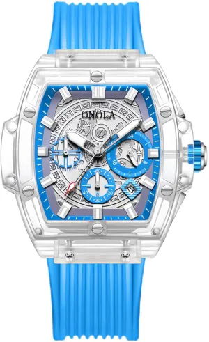 Waterproof Analog Casual Business Wristwatch with Silicone Strap Gosasa Fashion offspring frill wise Men's Quartz Watch Tonneau Transparent Case Date Luminous 