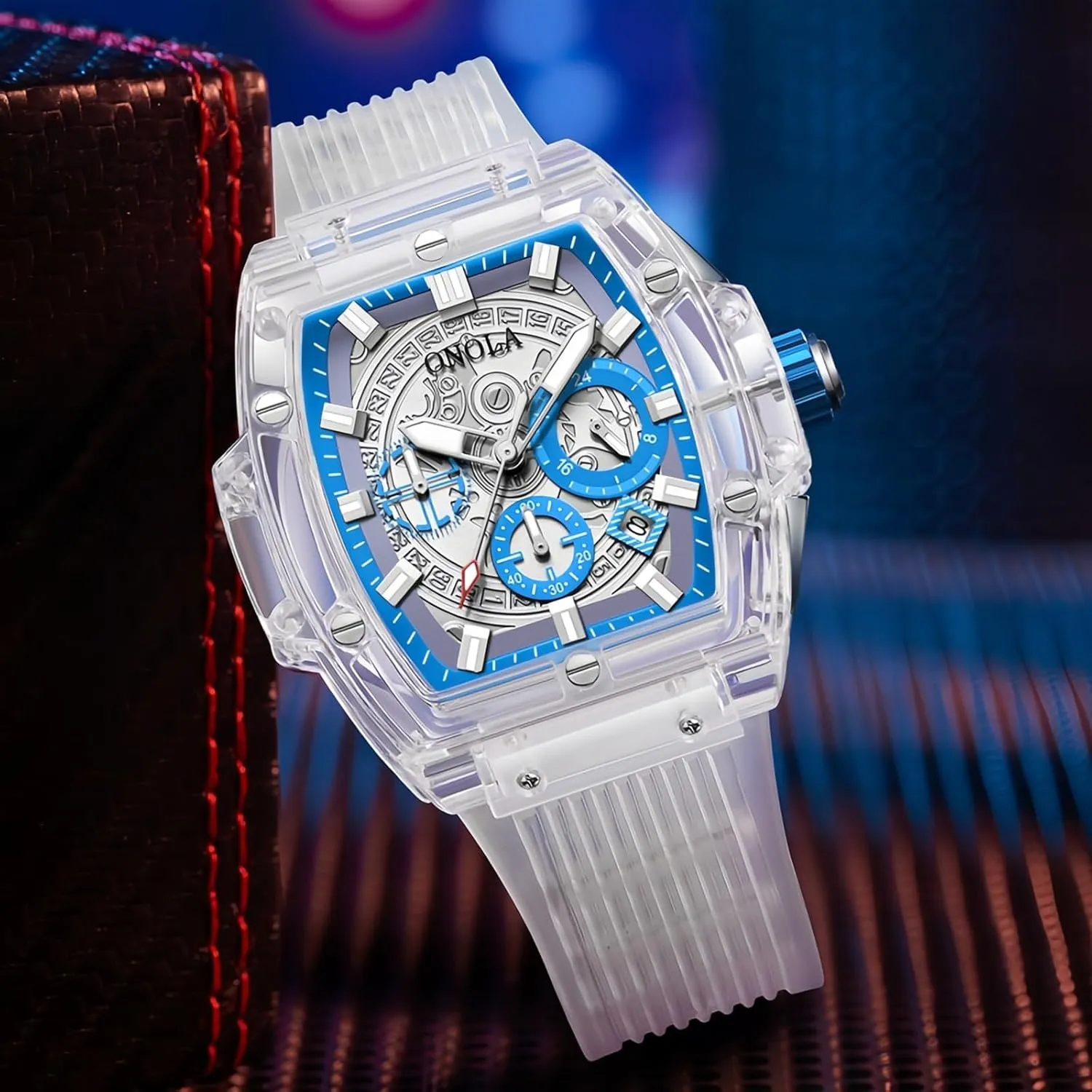 Waterproof Analog Casual Business Wristwatch with Silicone Strap Gosasa Fashion offspring frill wise Men's Quartz Watch Tonneau Transparent Case Date Luminous 