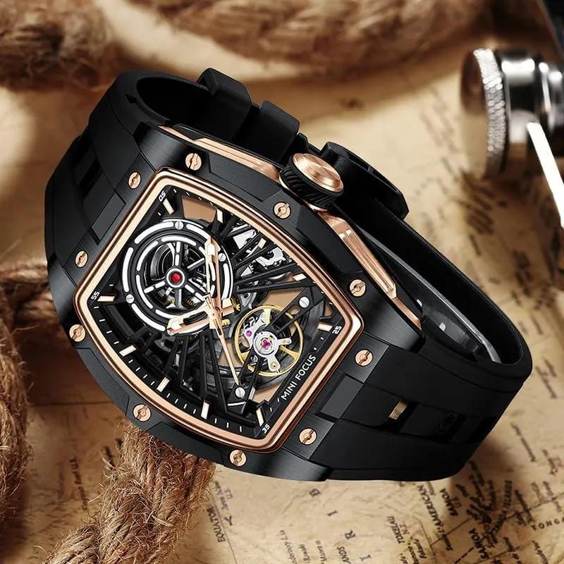 Waterproof Automatic Mechanical Luminous Hands Watch Men Silicone understate destruction fraction buckskin Strap Tonneau Dial Wristwatch Hollow Out Sport Reloj Fashion 