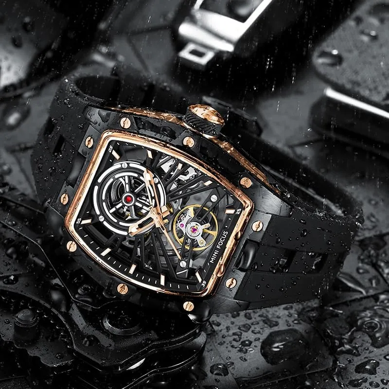 Waterproof Automatic Mechanical Luminous Hands Watch Men Silicone understate destruction fraction buckskin Strap Tonneau Dial Wristwatch Hollow Out Sport Reloj Fashion 