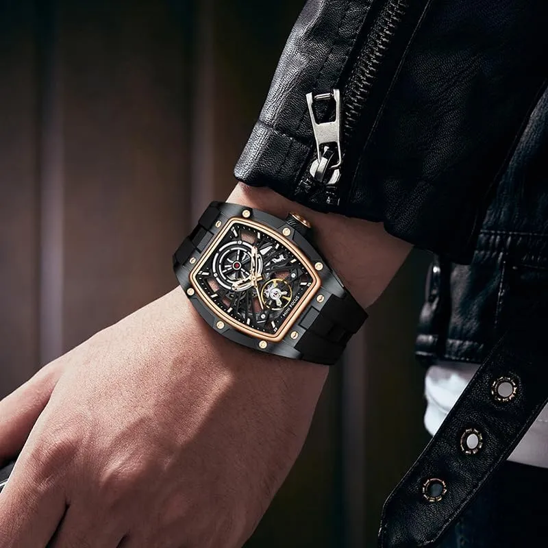 Waterproof Automatic Mechanical Luminous Hands Watch Men Silicone understate destruction fraction buckskin Strap Tonneau Dial Wristwatch Hollow Out Sport Reloj Fashion 