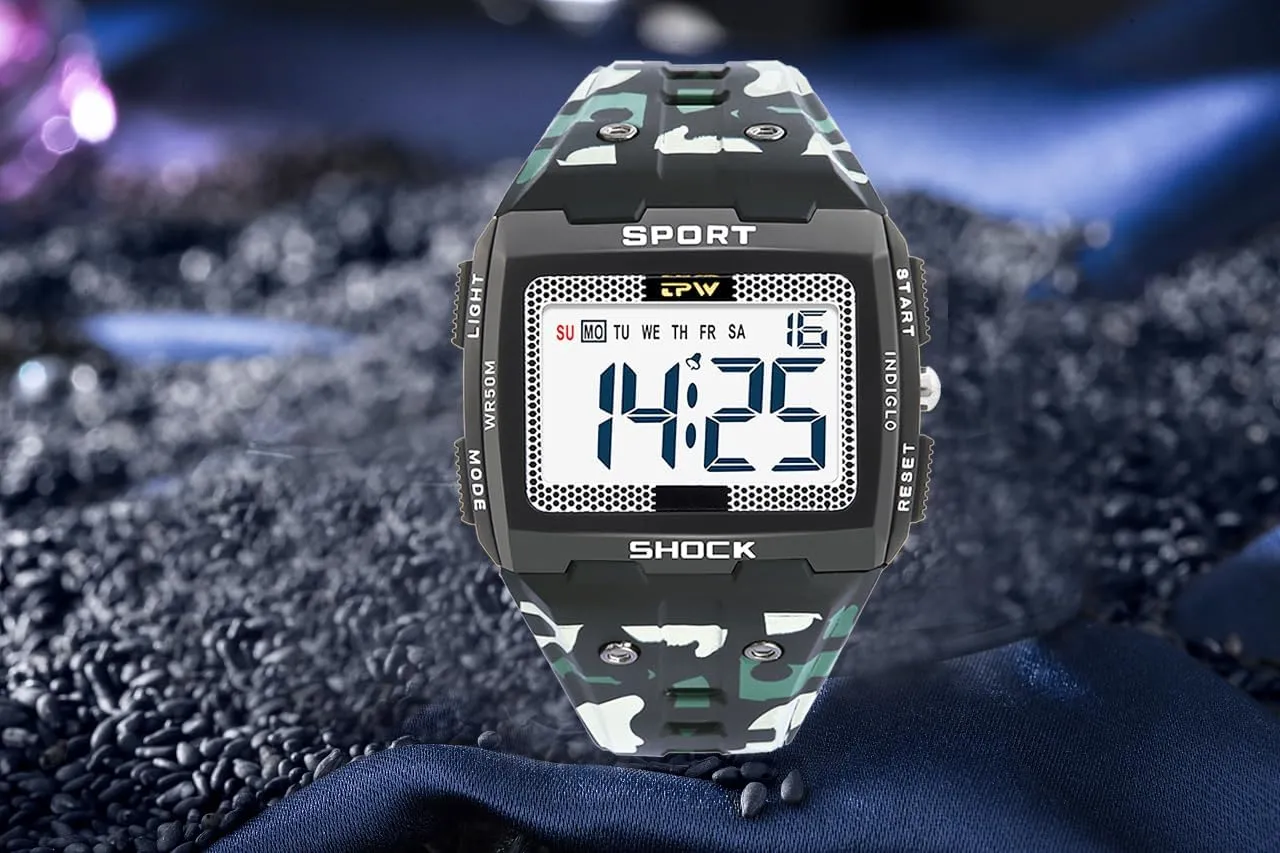 Waterproof Casual Watch for Male Stopwatch Week Display Gosasa Men's Multifunction Digital Watches Outdoor ecology karst monolithic spiral Sport Wristwatch Date Alarm 