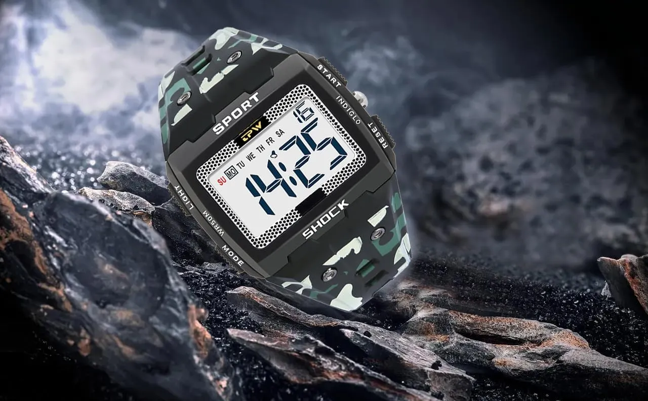 Waterproof Casual Watch for Male Stopwatch Week Display Gosasa Men's Multifunction Digital Watches Outdoor ecology karst monolithic spiral Sport Wristwatch Date Alarm 