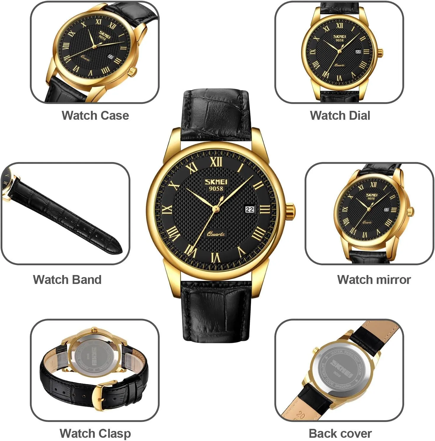 Waterproof Comfortable Leather Watches MASTOP Mens Womens Quartz Watch Roman Numeral Business Casual Fashion Analog Gothic Wrist Watch Classic Calendar Date Window 30M 