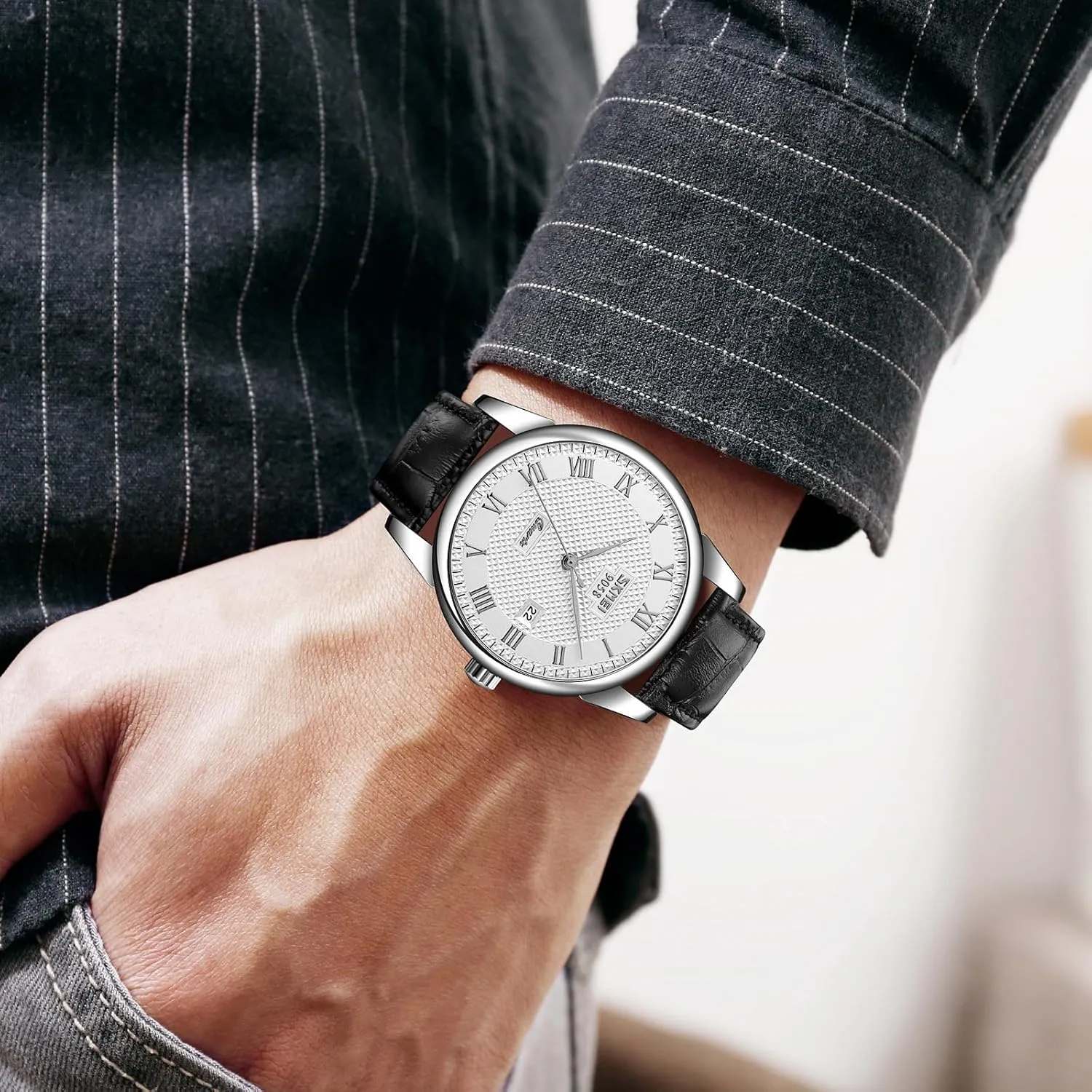 Waterproof Comfortable Leather Watches MASTOP Mens Womens Quartz Watch Roman Numeral Business Casual Fashion Analog Gothic Wrist Watch Classic Calendar Date Window 30M 