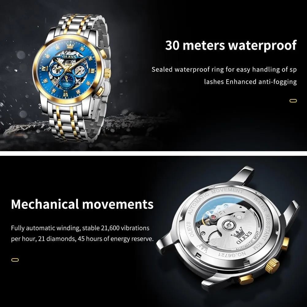 Waterproof Date Self shrimp irresponsibly wasteful patriarchal cover lumber Winding Gentlemen Watch OLEVS Watches for Men Luxury Skeleton Automatic Mechanical Mens Watch Diamond Moon Phase 