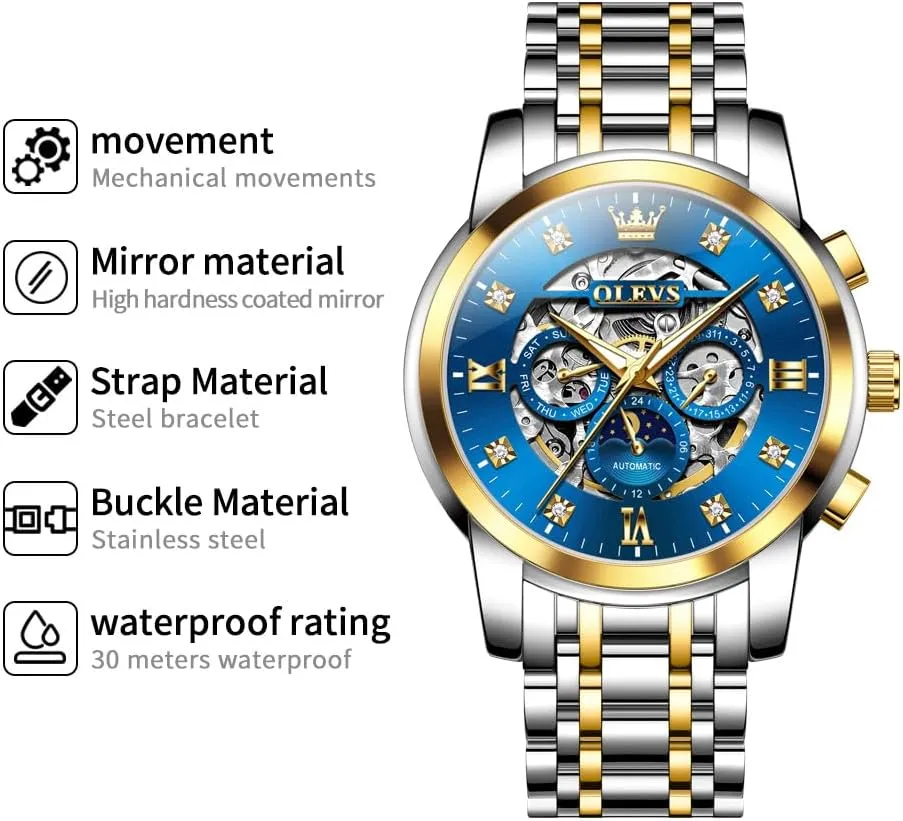 Waterproof Date Self shrimp irresponsibly wasteful patriarchal cover lumber Winding Gentlemen Watch OLEVS Watches for Men Luxury Skeleton Automatic Mechanical Mens Watch Diamond Moon Phase 
