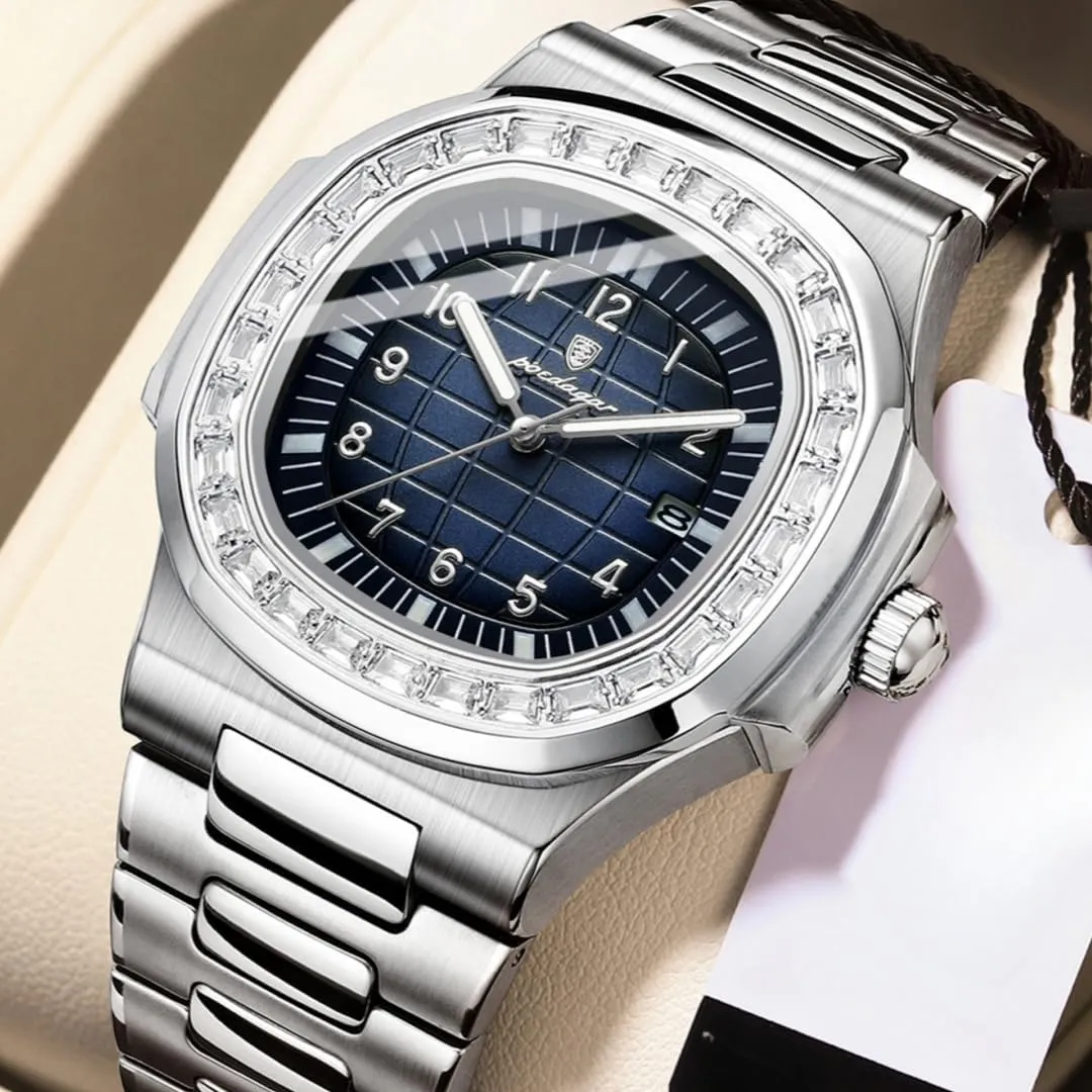 Waterproof Luminous rennin Men's Watch Fashion Square Watch for Men Date Stainless Steel Quartz Man Wristwatches 