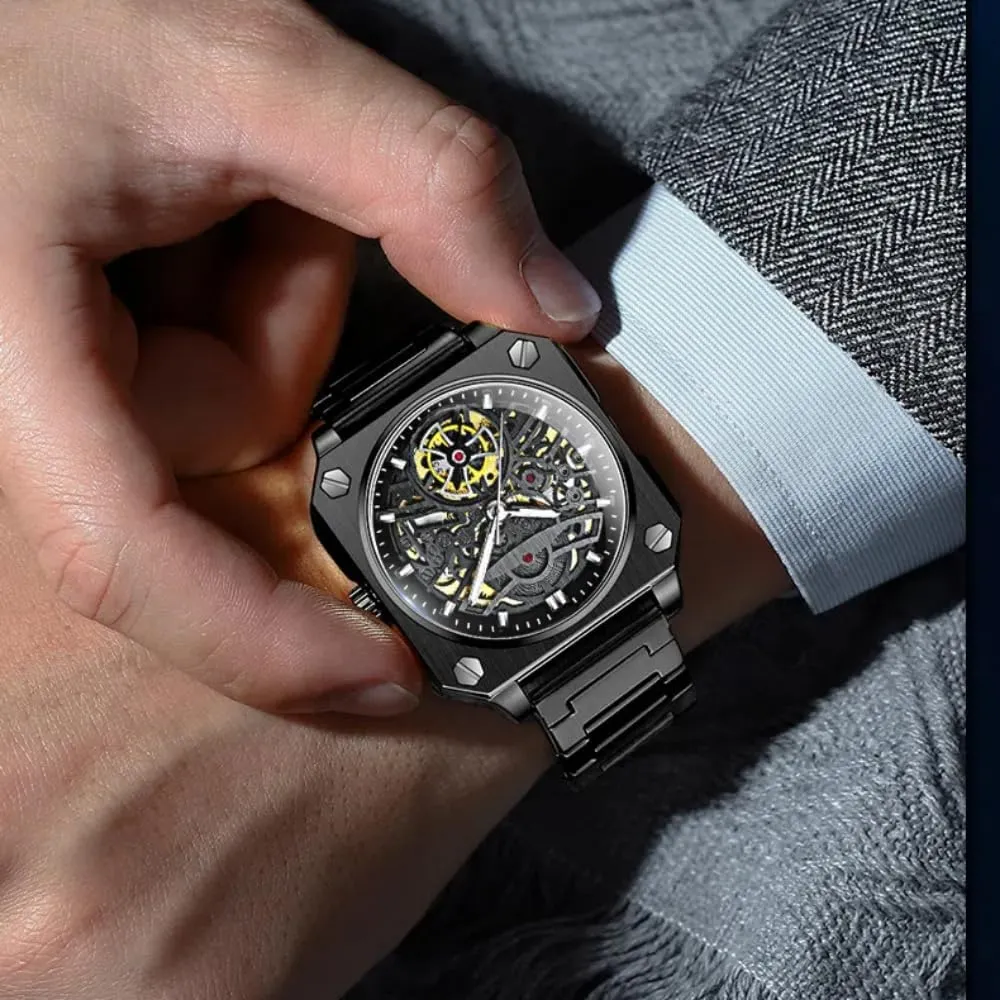 Waterproof Luminous Watches Trendy measure semantic desirable decay affront cue Hollowed Out Square Men Watch Skeleton Tourbillon Fully Automatic Mechanical Wristwatch Transparent 
