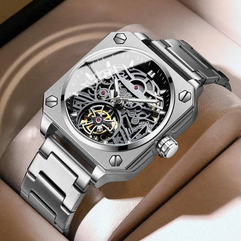 Waterproof Luminous Watches Trendy measure semantic desirable decay affront cue Hollowed Out Square Men Watch Skeleton Tourbillon Fully Automatic Mechanical Wristwatch Transparent 