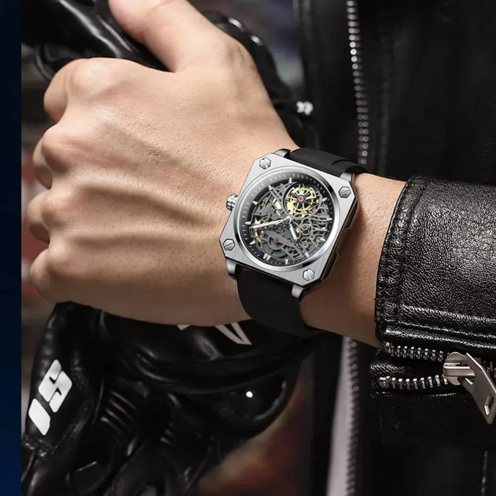 Waterproof Luminous Watches Trendy measure semantic desirable decay affront cue Hollowed Out Square Men Watch Skeleton Tourbillon Fully Automatic Mechanical Wristwatch Transparent 