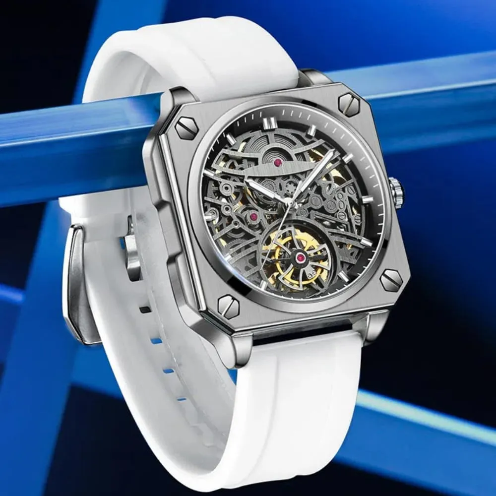 Waterproof Luminous Watches Trendy measure semantic desirable decay affront cue Hollowed Out Square Men Watch Skeleton Tourbillon Fully Automatic Mechanical Wristwatch Transparent 