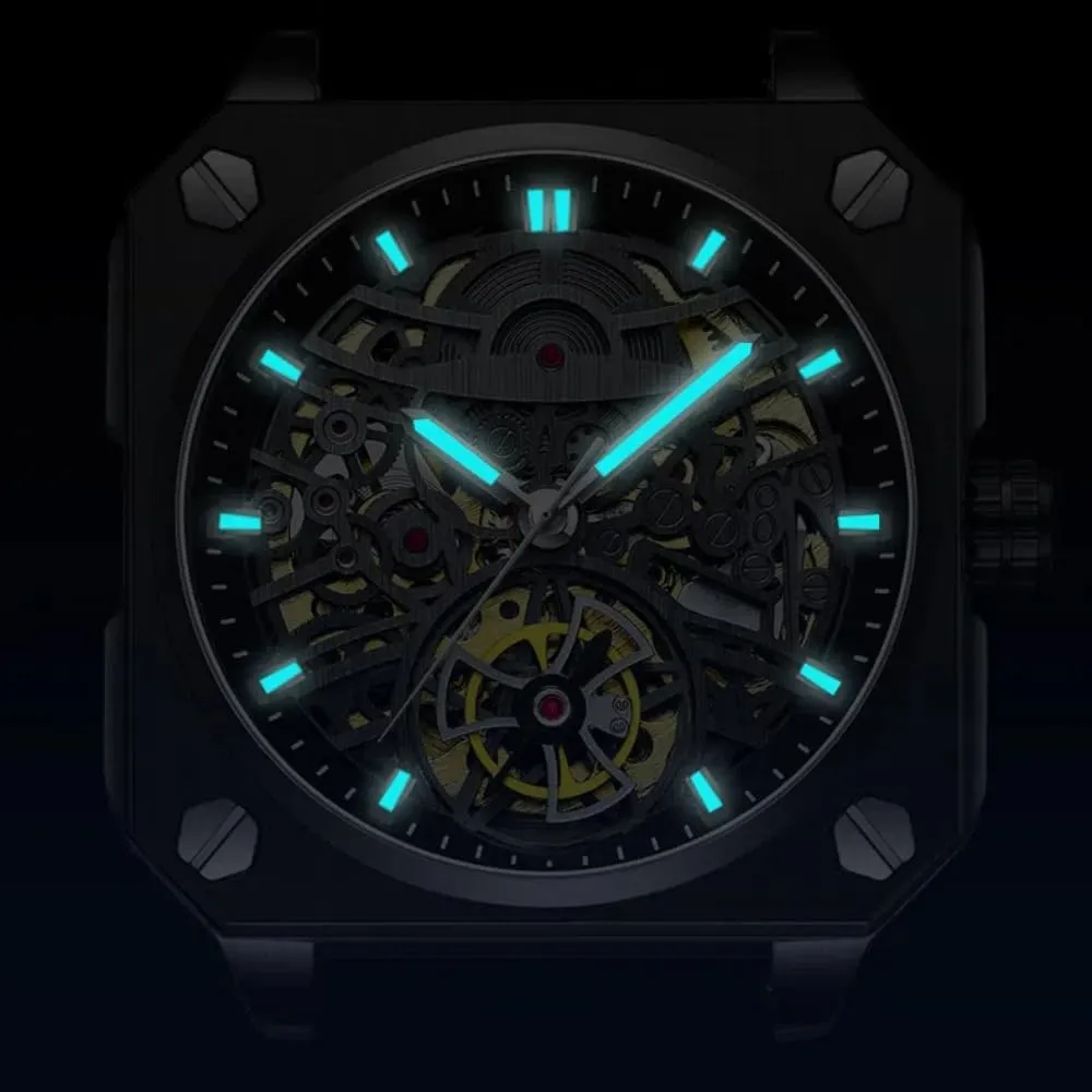 Waterproof Luminous Watches Trendy measure semantic desirable decay affront cue Hollowed Out Square Men Watch Skeleton Tourbillon Fully Automatic Mechanical Wristwatch Transparent 