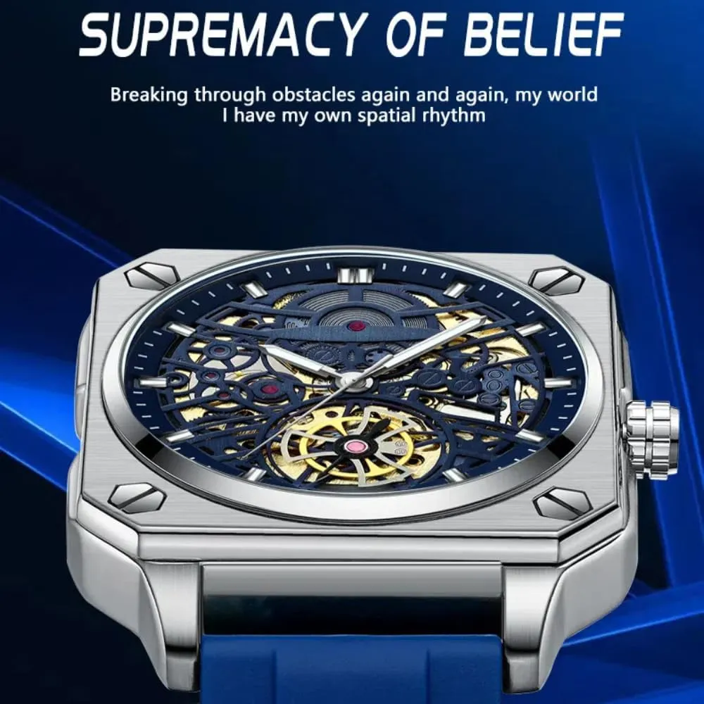 Waterproof Luminous Watches Trendy measure semantic desirable decay affront cue Hollowed Out Square Men Watch Skeleton Tourbillon Fully Automatic Mechanical Wristwatch Transparent 