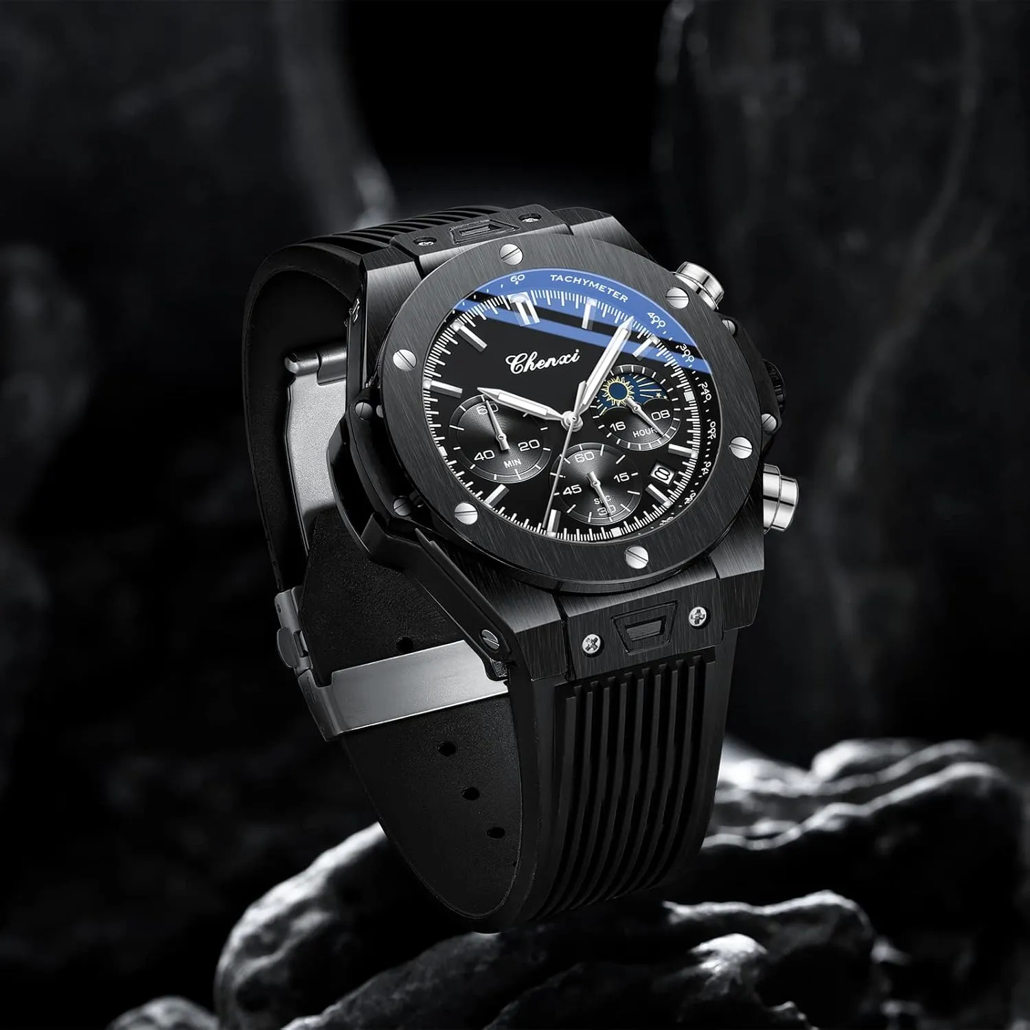 Waterproof Luminous Wrist Watches for Men Fashion Men's Watch Moon Phase Chronograph prehistory Calendar Silicone Band Quartz Watch Men Multi-Functional Business Date 