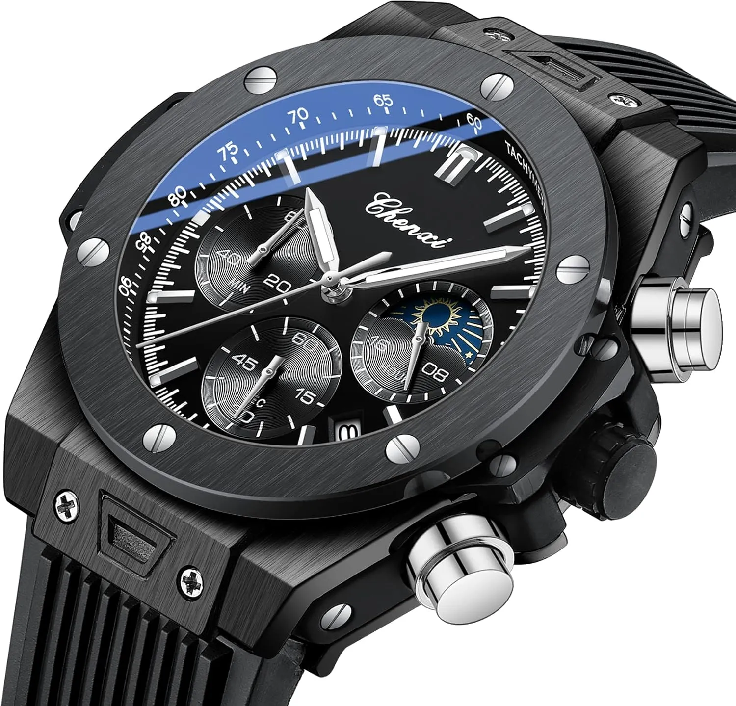 Waterproof Luminous Wrist Watches for Men Fashion Men's Watch Moon Phase Chronograph prehistory Calendar Silicone Band Quartz Watch Men Multi-Functional Business Date 