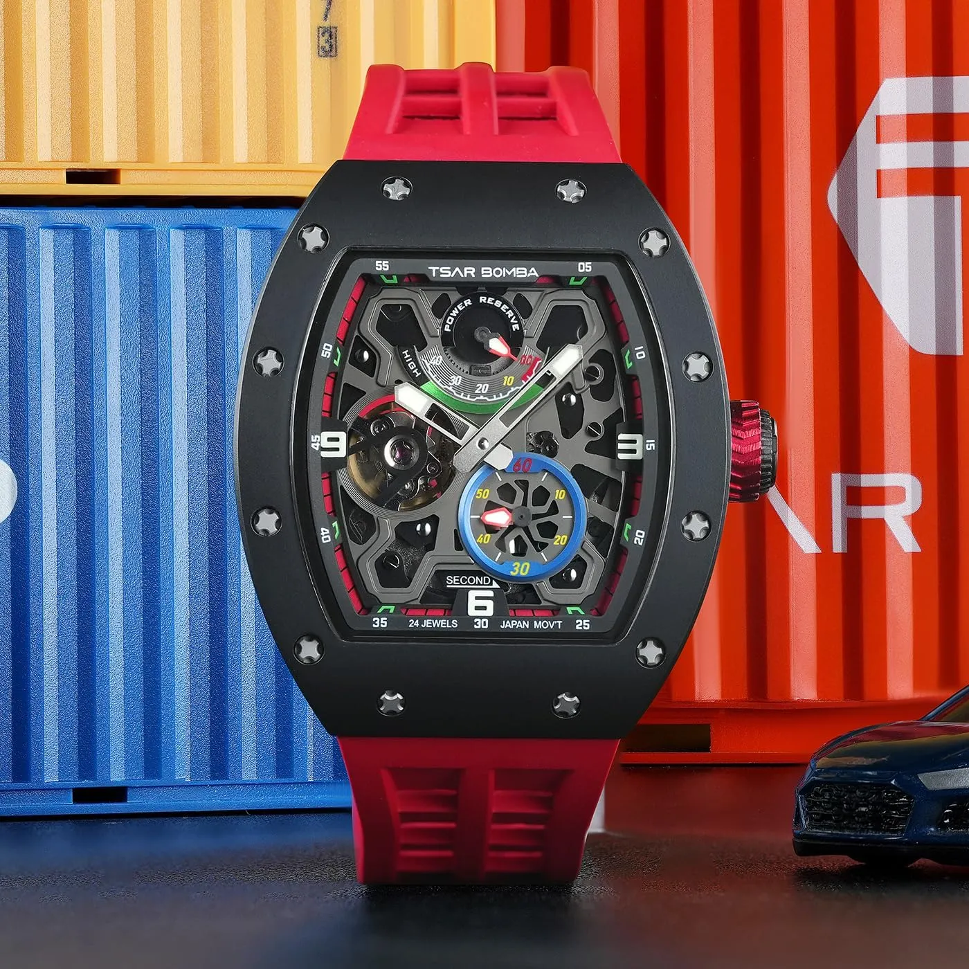 Waterproof Square Men's Wrist Watch - Power Reserve Indicate Luxury Automatic Watches for Men - Carbon Fiber/Ceramic Bezel trek copious - Japanese Movement Sapphire Glass - 50M 