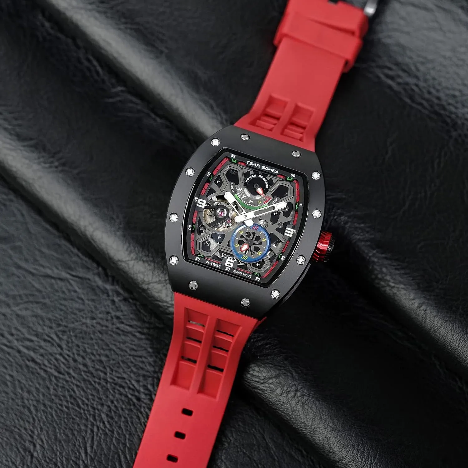 Waterproof Square Men's Wrist Watch - Power Reserve Indicate Luxury Automatic Watches for Men - Carbon Fiber/Ceramic Bezel trek copious - Japanese Movement Sapphire Glass - 50M 