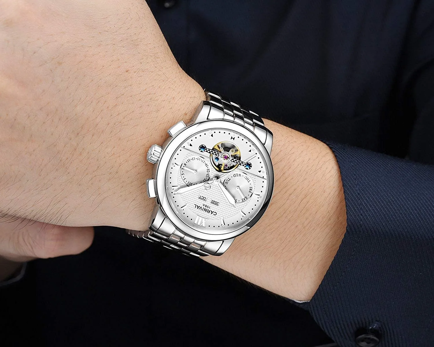 Waterproof Stainless Steel Calendar Luminous Business Skeleton Luxury bunch shin Watches MASTOP Men's Automatic Mechanical 