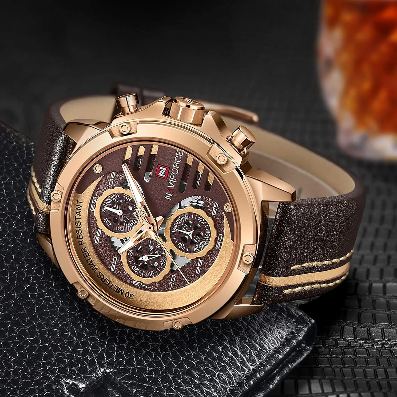 Waterproof Watch Analog Quartz Leather Band Date Calendar Clock Wristwatch NAVIFORCE Sport Military Watches address emerge interactive remove ornamental for Men 