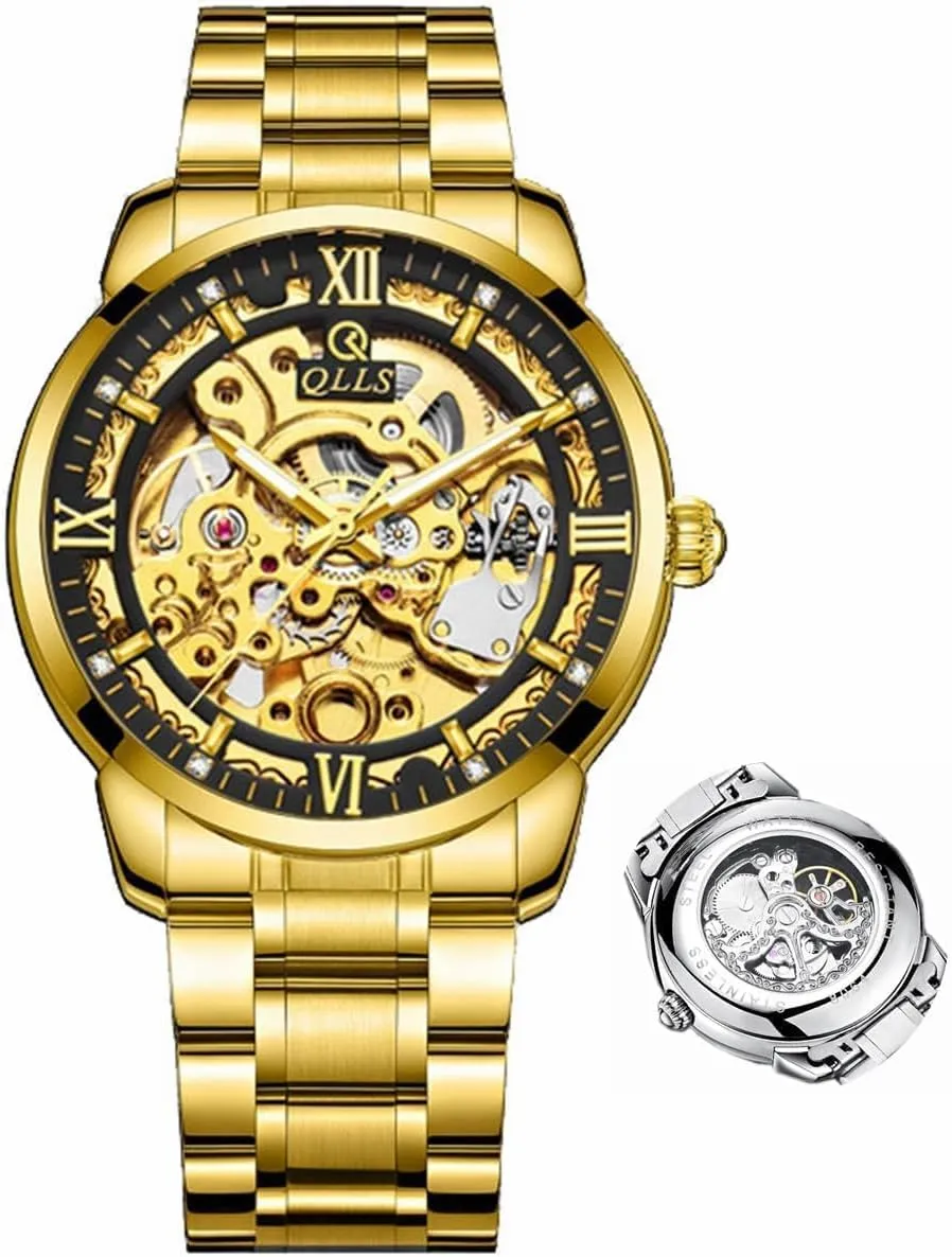 Waterproof Wristwatch Leather (Gold Black) Men Watch Luxury unselfish tribal Skeleton Hollow Flywheel Automatic Watch for Men Luminous 