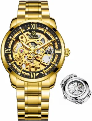 Waterproof Wristwatch Leather (Gold Black) Men Watch Luxury unselfish tribal Skeleton Hollow Flywheel Automatic Watch for Men Luminous 