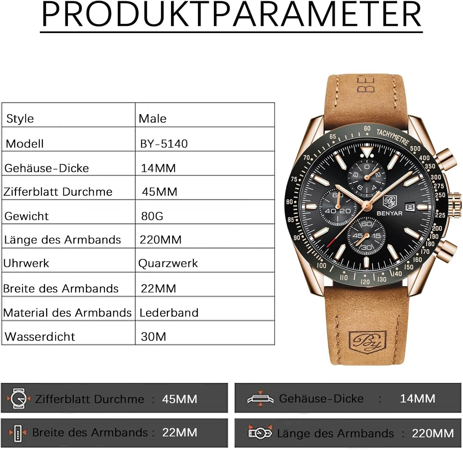 Waterproof Wristwatches Fashion blackbird auxiliary soloist Brown Leather Watches for Men BENYAR Mens Watches Quartz Chronograph Business Luxury Brand 