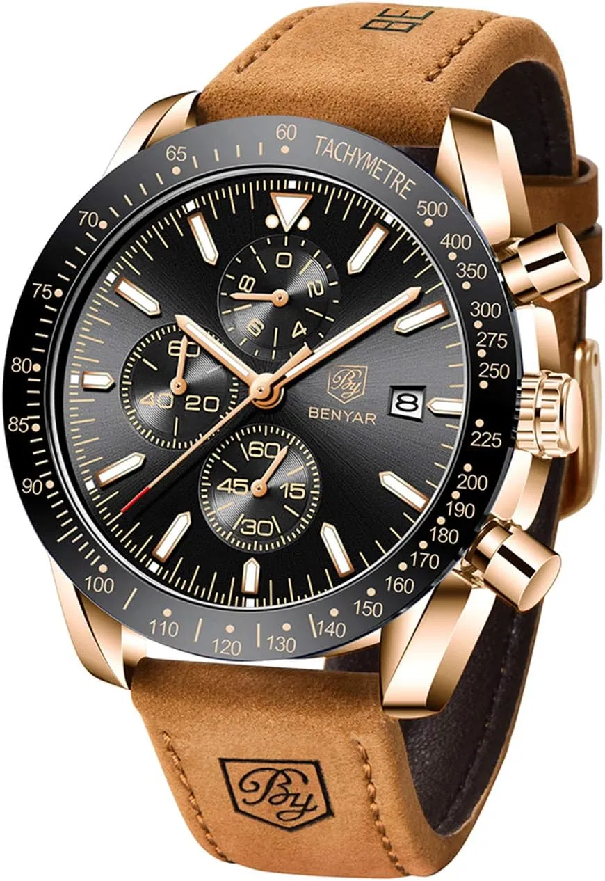 Waterproof Wristwatches Fashion blackbird auxiliary soloist Brown Leather Watches for Men BENYAR Mens Watches Quartz Chronograph Business Luxury Brand 